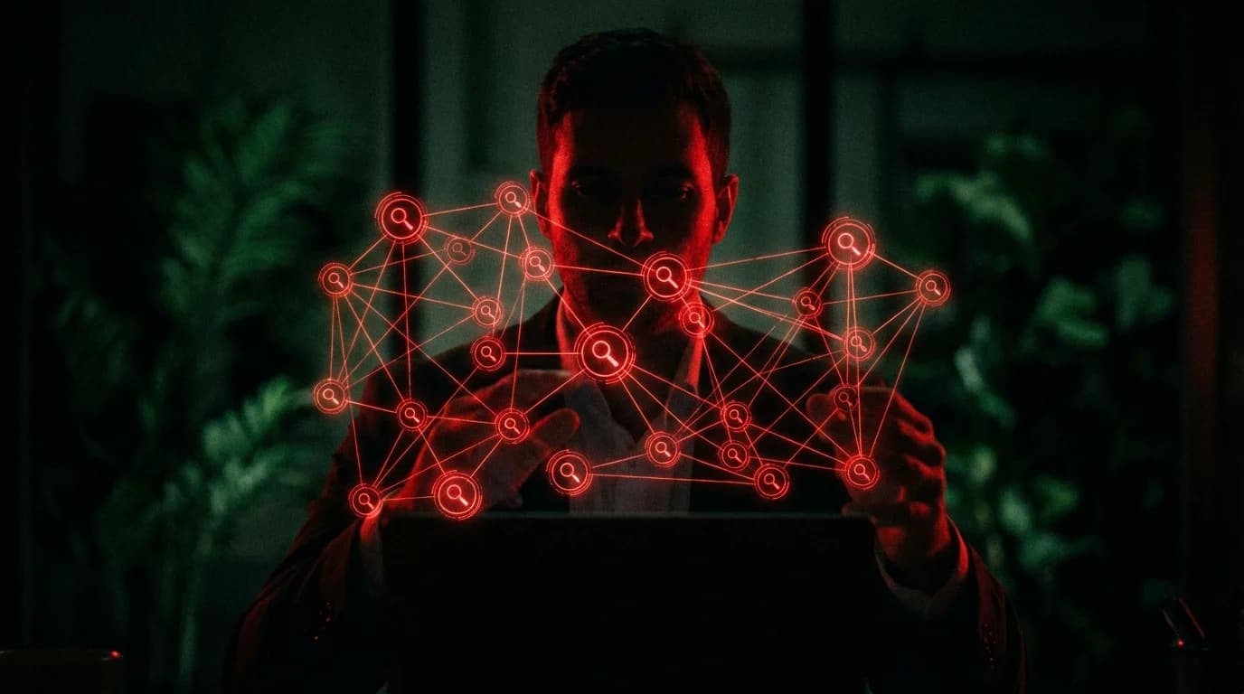 Homem em ambiente escuro observa rede digital vermelha com ícones de lupa, ilustrando a complexidade do SEO e inteligência artificial no marketing.