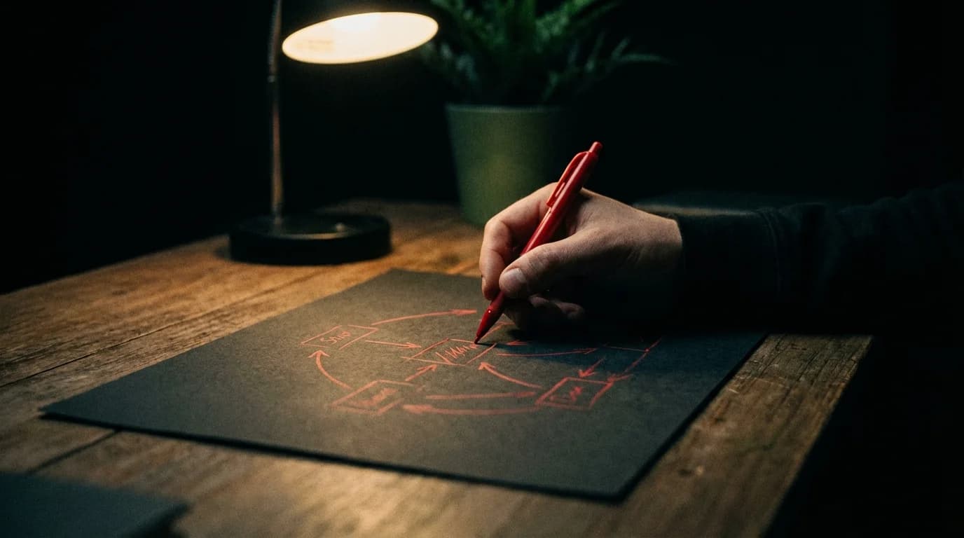 Mão desenhando um fluxograma estratégico com caneta vermelha sobre papel preto, ilustrando o planejamento de SEO e análise de dados.