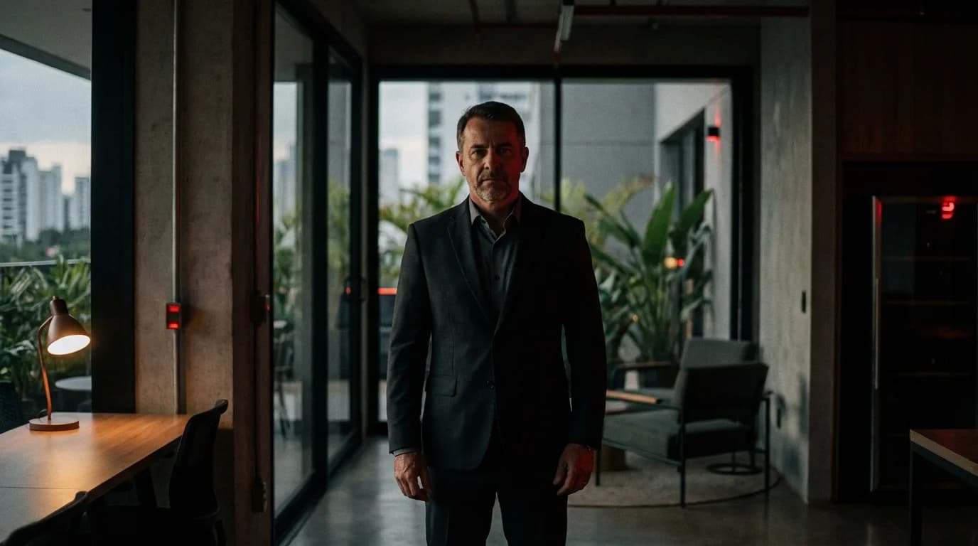 Homem sério de terno em escritório moderno com vista para a cidade, representando a visão analítica de uma consultoria SEO profissional em uma agência de publicidade em Uberlândia.